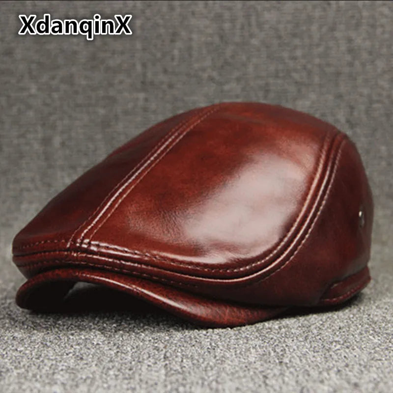 Men's Winter Cowhide Leather Beret Hat