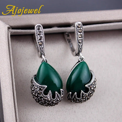 Ajojewel Waterdrop Green Stone Vintage Jewelry Set – Elegant Black Rhinestone Earrings, Necklace &amp; Ring for Women