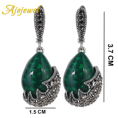 Ajojewel Waterdrop Green Stone Vintage Jewelry Set – Elegant Black Rhinestone Earrings, Necklace &amp; Ring for Women