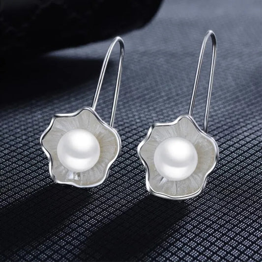 Ethnic Style 925 Sterling Silver Lotus Pearl Earrings