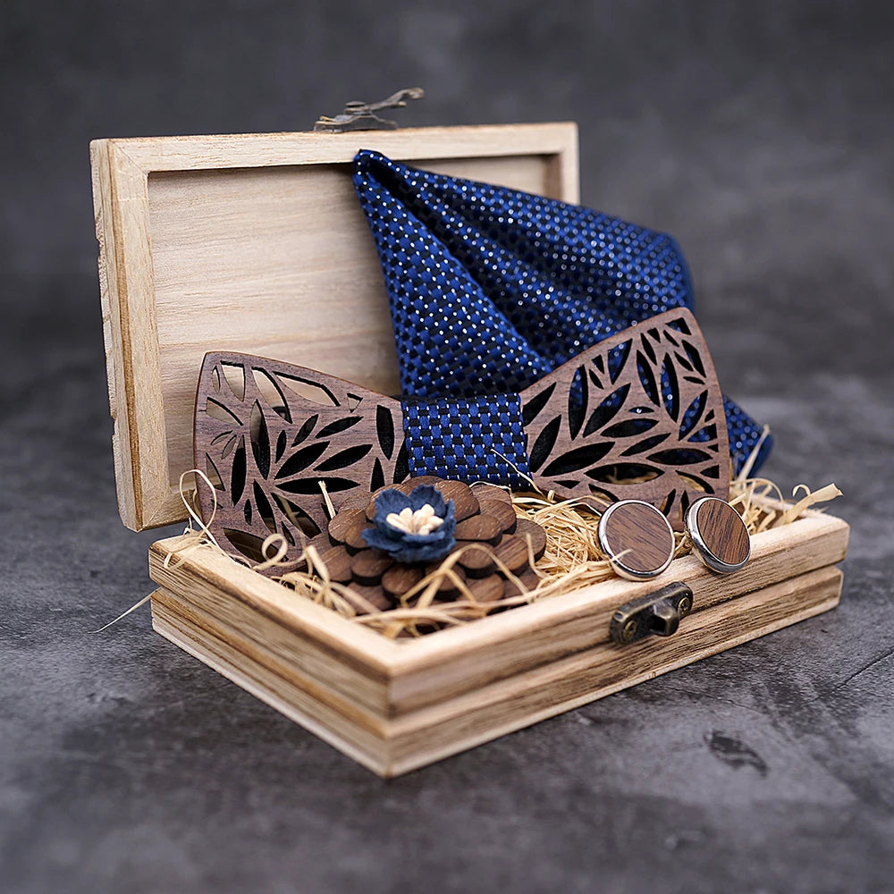 Wooden Bow Tie & Handkerchief Set with Cufflinks and Lapel Flower