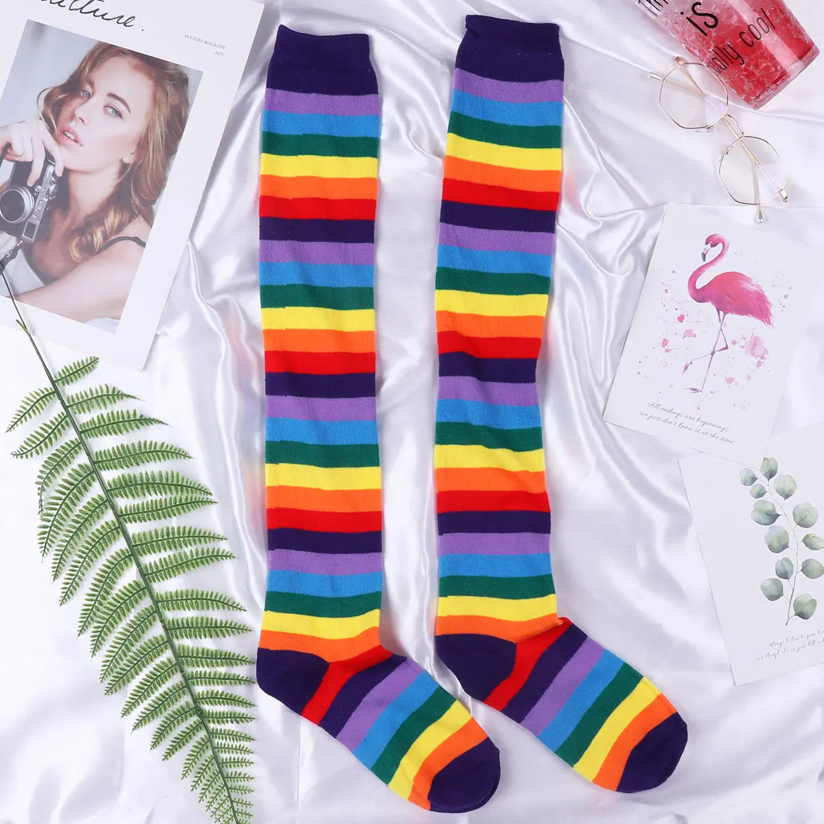 Women Colorful Rainbow Striped Stockings