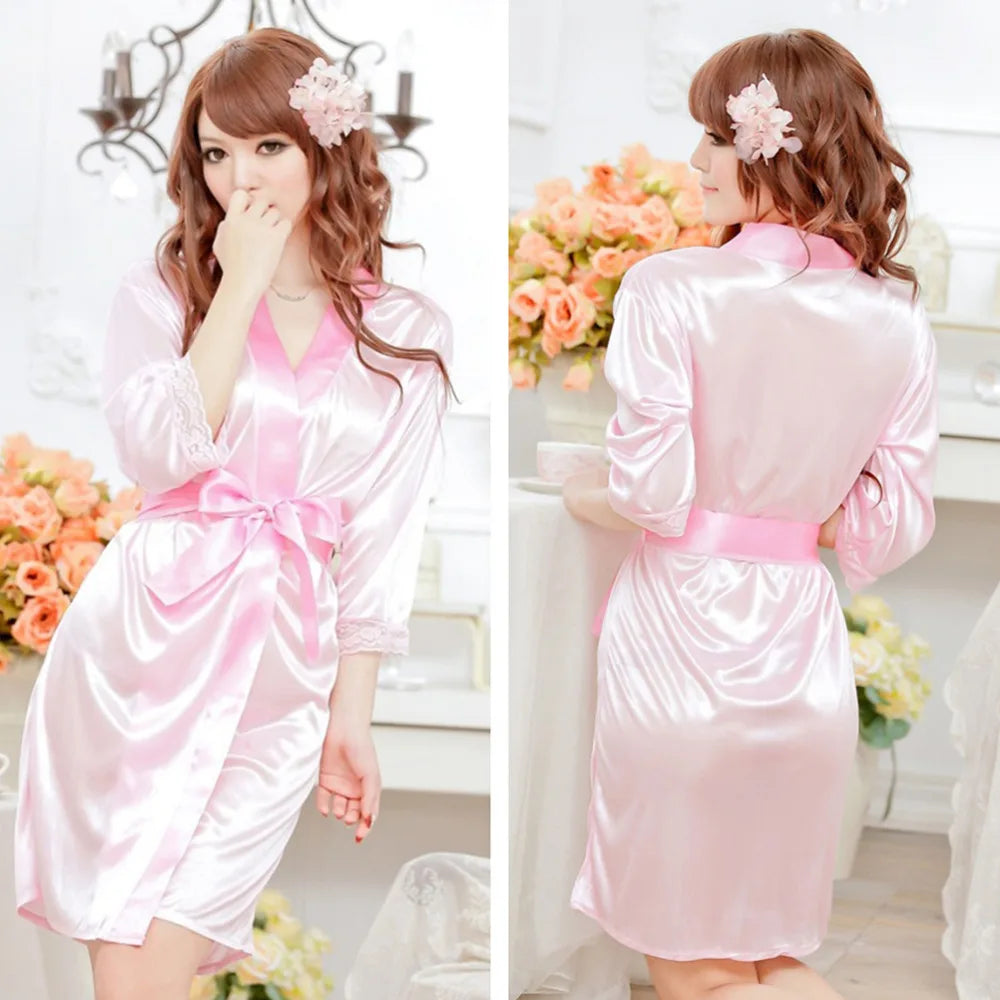 Mid-Sleeve Women's Satin Nightwear Robe with Lace