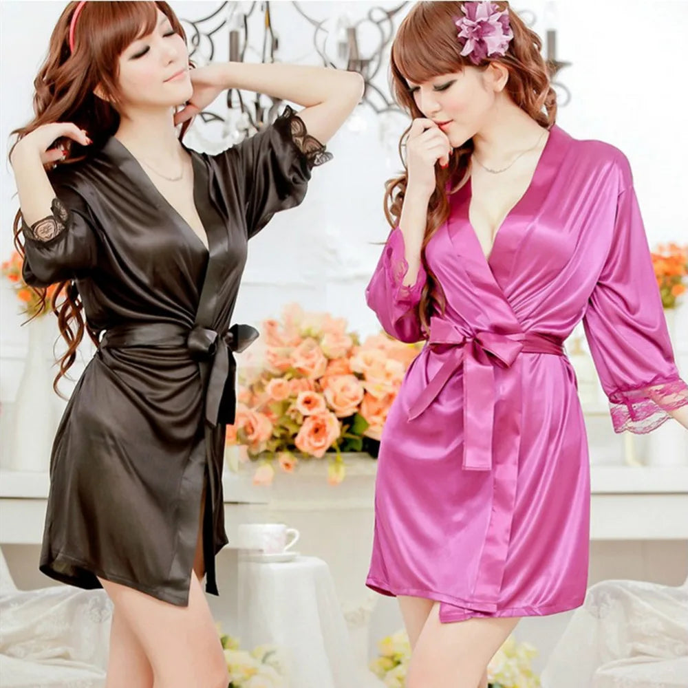 Mid-Sleeve Women's Satin Nightwear Robe with Lace