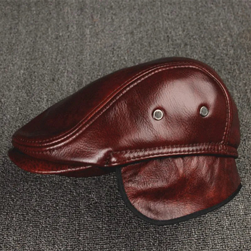 Men's Winter Cowhide Leather Beret Hat