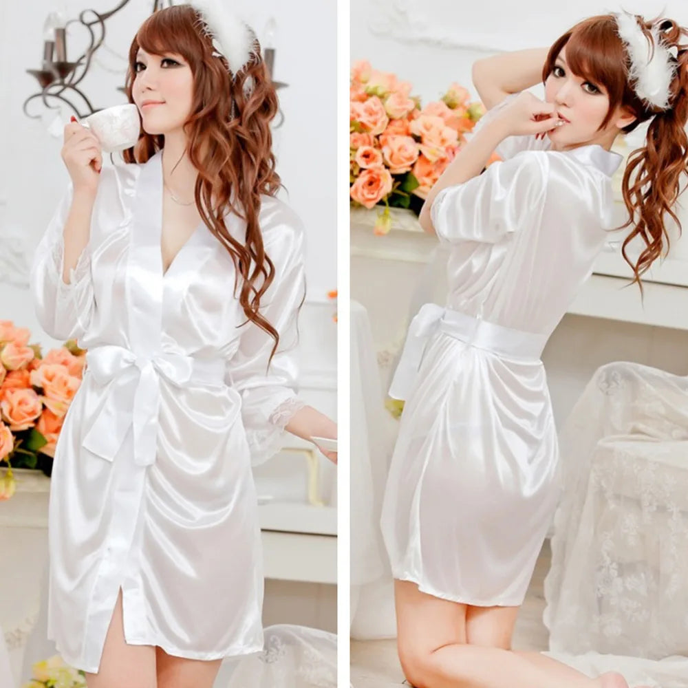 Mid-Sleeve Women's Satin Nightwear Robe with Lace