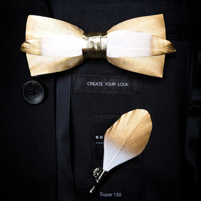 Original Design Natural Bird Feather Bow Tie & Brooch Pin Set