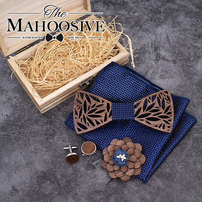 Wooden Bow Tie & Handkerchief Set with Cufflinks and Lapel Flower