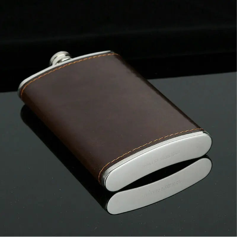 Luxury Brown Leather Pocket Hip Flask - 5-10 oz Stainless Steel Whiskey Flask Gift