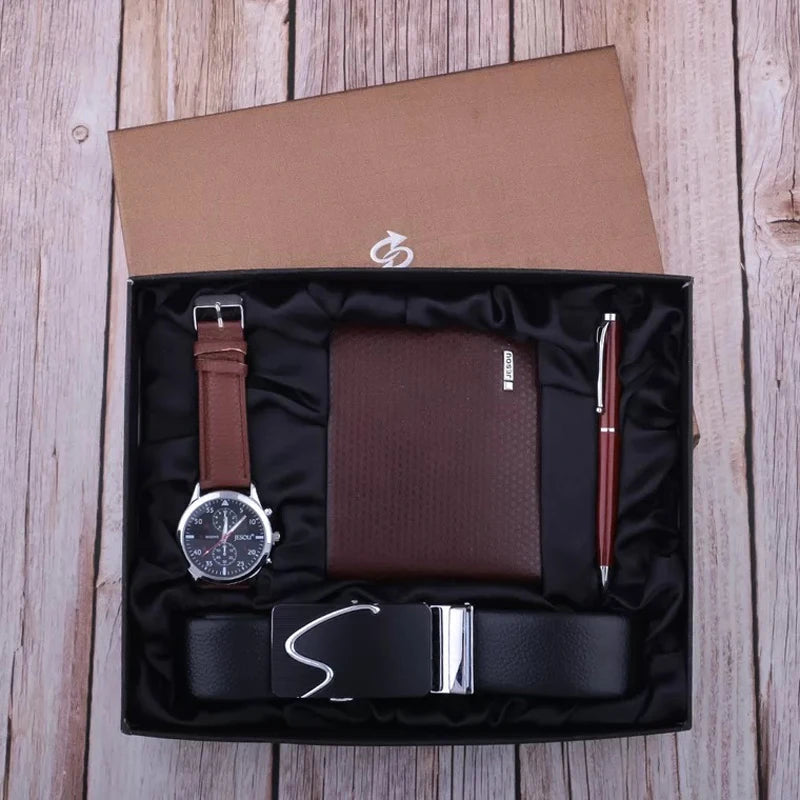 Fashion Luxury Men's Watch Gift Set with Leather Belt, Folding Wallet, and Ballpoint Pen