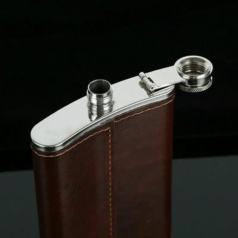 Luxury Brown Leather Pocket Hip Flask - 5-10 oz Stainless Steel Whiskey Flask Gift