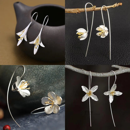 925 Sterling Silver Long Flower Earrings