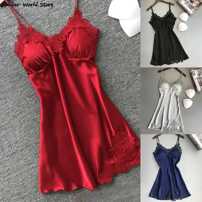 Ladies Silk Satin V-neck Lace Nightgown Set