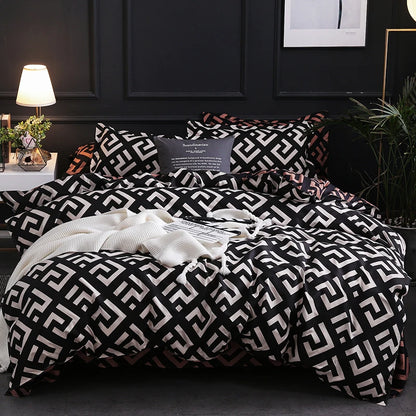 Luxury Black Bedding Set | Modern Bird Plaid & Anime Duvet Cover Set