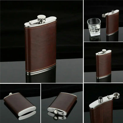 Luxury Brown Leather Pocket Hip Flask - 5-10 oz Stainless Steel Whiskey Flask Gift