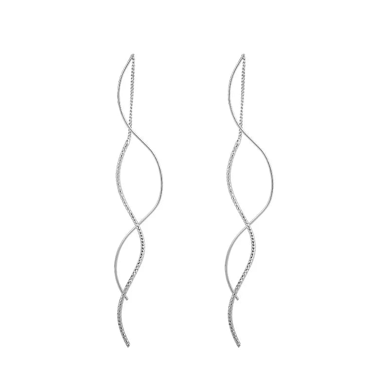 Exquisite Wavy Silver Drop Earrings - Long Tassel