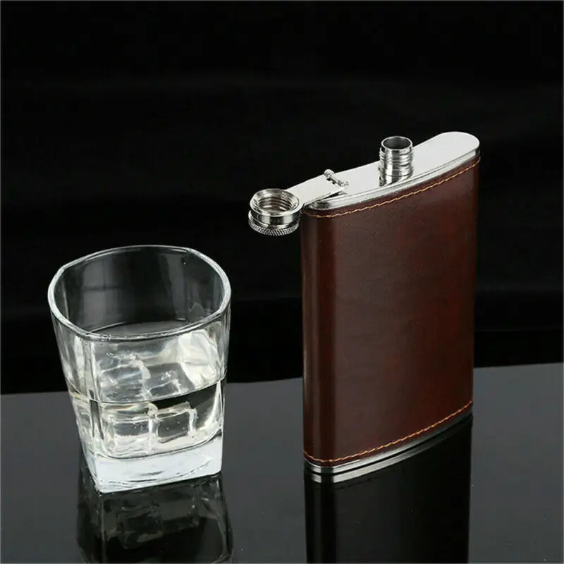 Luxury Brown Leather Pocket Hip Flask - 5-10 oz Stainless Steel Whiskey Flask Gift