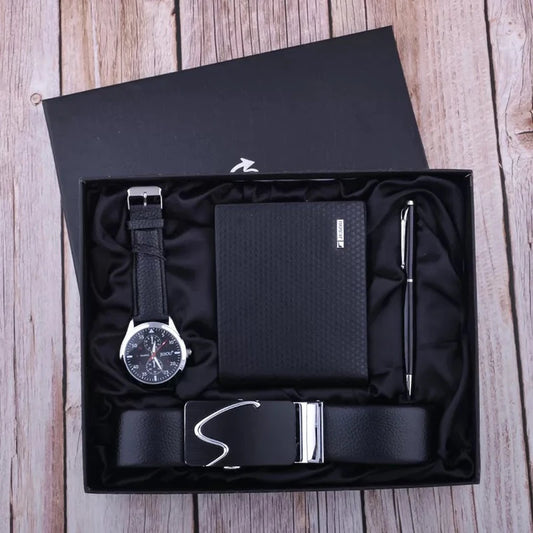 Fashion Luxury Men's Watch Gift Set with Leather Belt, Folding Wallet, and Ballpoint Pen