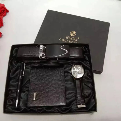 Fashion Luxury Men's Watch Gift Set with Leather Belt, Folding Wallet, and Ballpoint Pen