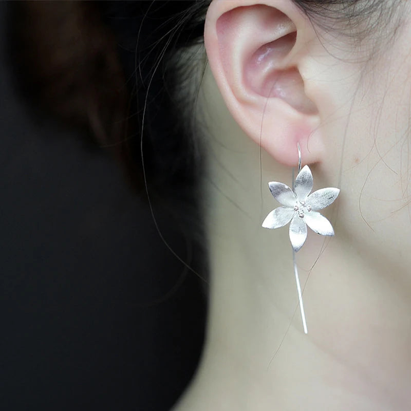 925 Sterling Silver Long Flower Earrings