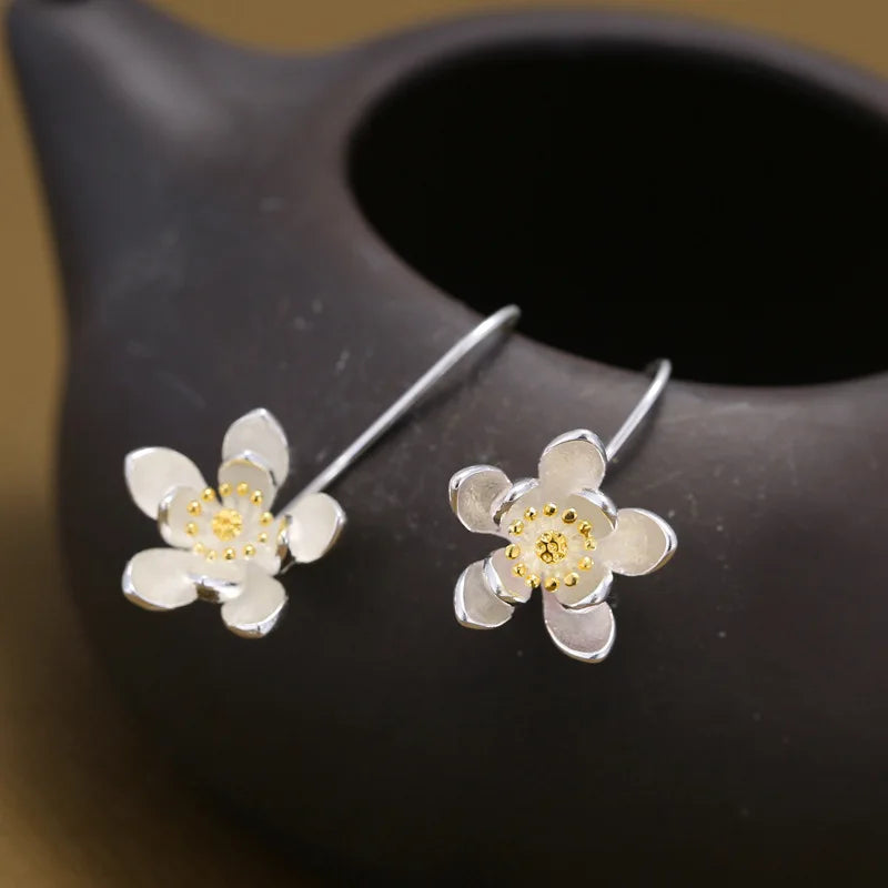 925 Sterling Silver Long Flower Earrings