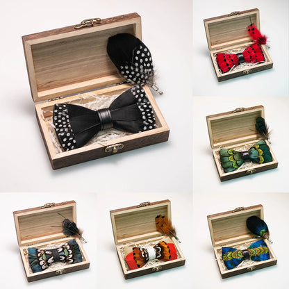 Handmade Feather Bow Tie Brooch Wooden Box Set