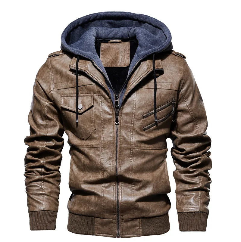 Men's PU Leather Jacket with Plush Fleece Hood – Winter Casual Outerwear