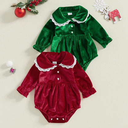 Baby Girl Lace Trim Velvet Romper | Long Sleeve Jumpsuit