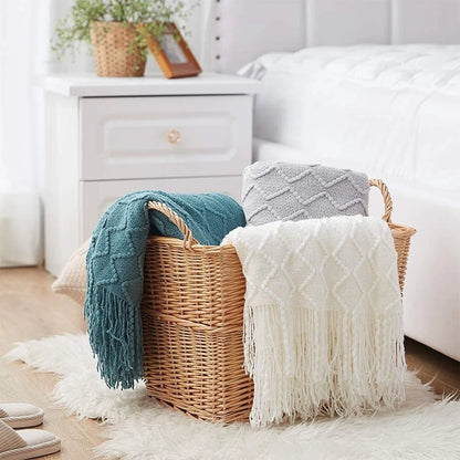 Chunky Knit Blanket – Beige Soft Tassel Plaid