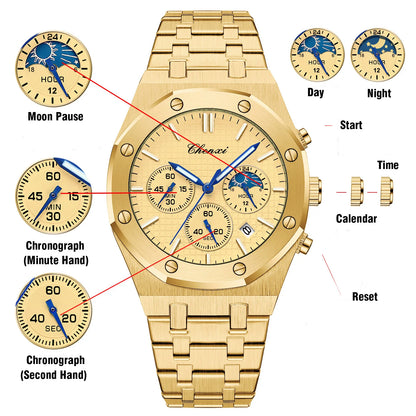 Luxury Gold Quartz Watch for Men with Luminous Features