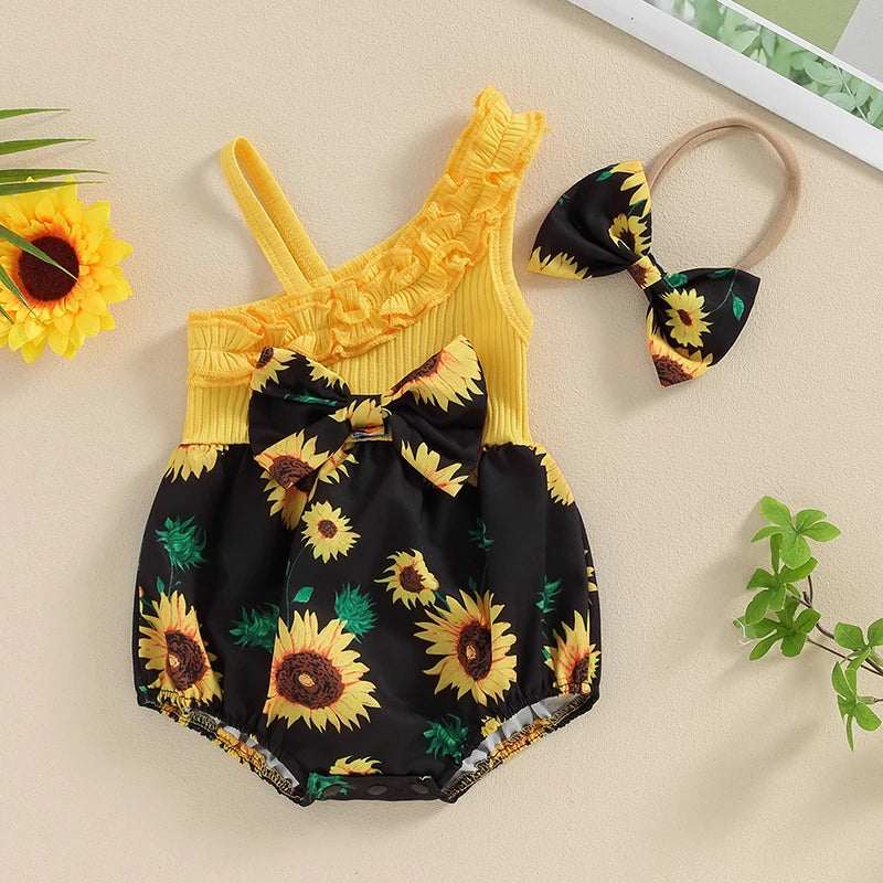 Summer Baby Girl 2-Piece Outfit | Sunflower Print Romper & Bow Headband