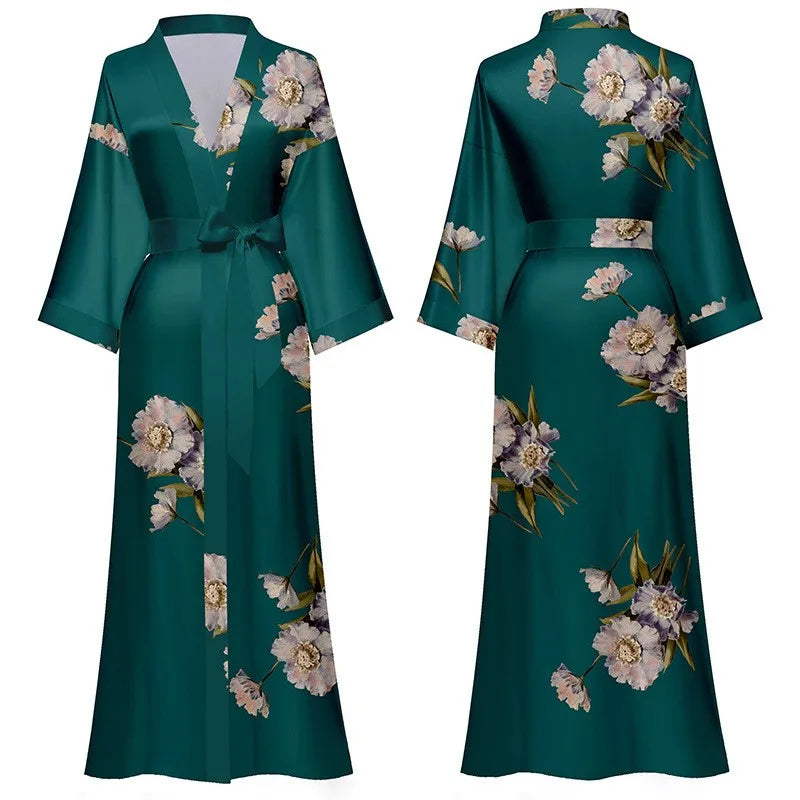 Floral Print Satin Kimono Robe for Women