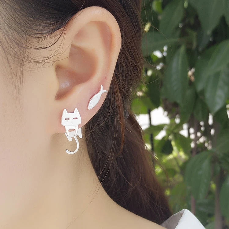 925 Sterling Silver Cat Fish Stud Earrings - Hypoallergenic