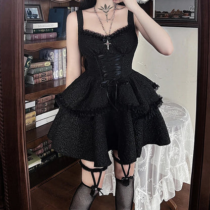 Women's Gothic Jacquard Double Hem Lace Dress Halloween Costume