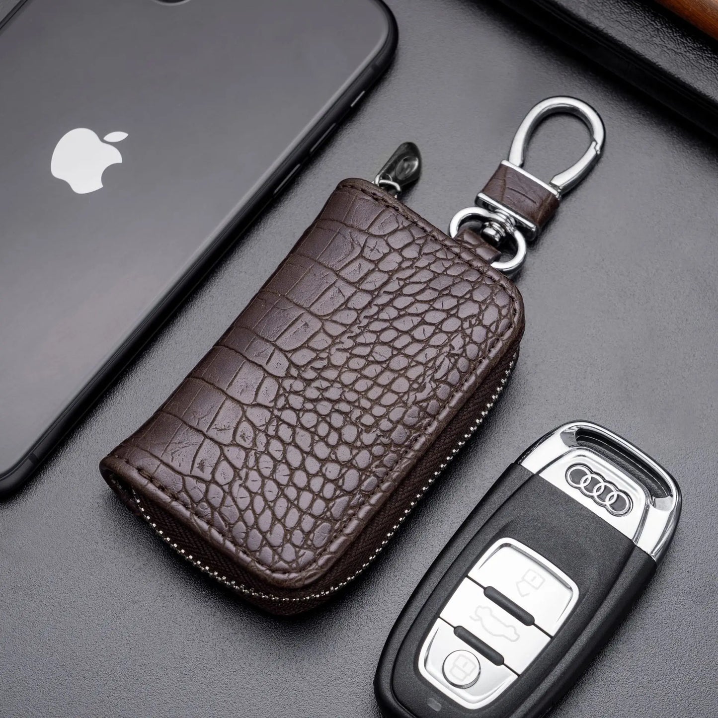 Fashion Leather Car Key Bag – Crocodile Pattern Zipper Keychain, Men’s Key Holder & Cow Split Key Organizer Pouch Wallet