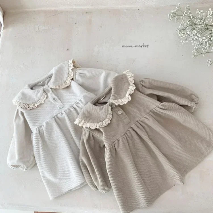 Corduroy Lace Ruffle Collar Full Sleeve Baby Dress