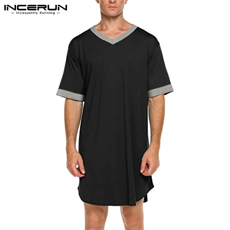 Men's Patchwork Sleep Robe - V-Neck Short Sleeve Nightgown