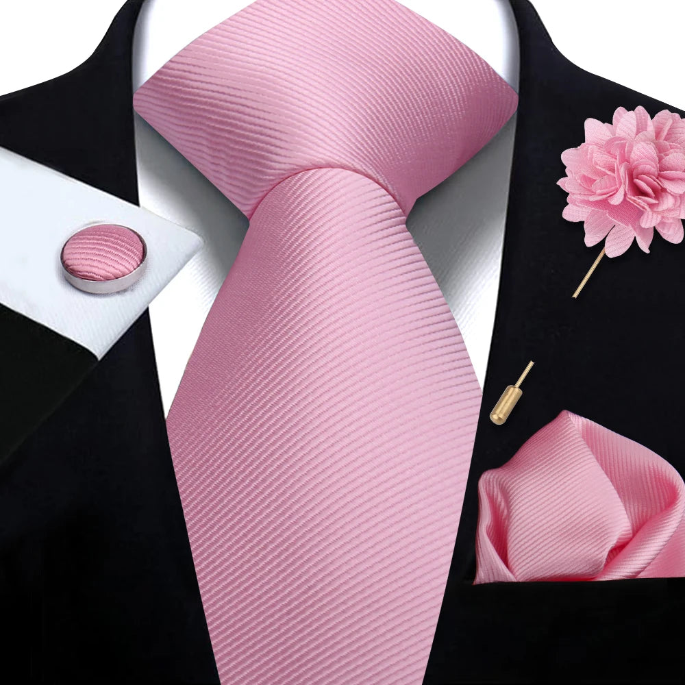 Top Quality Solid Color Jacquard Tie Set – Necktie, Hanky, Cufflinks & Brooch