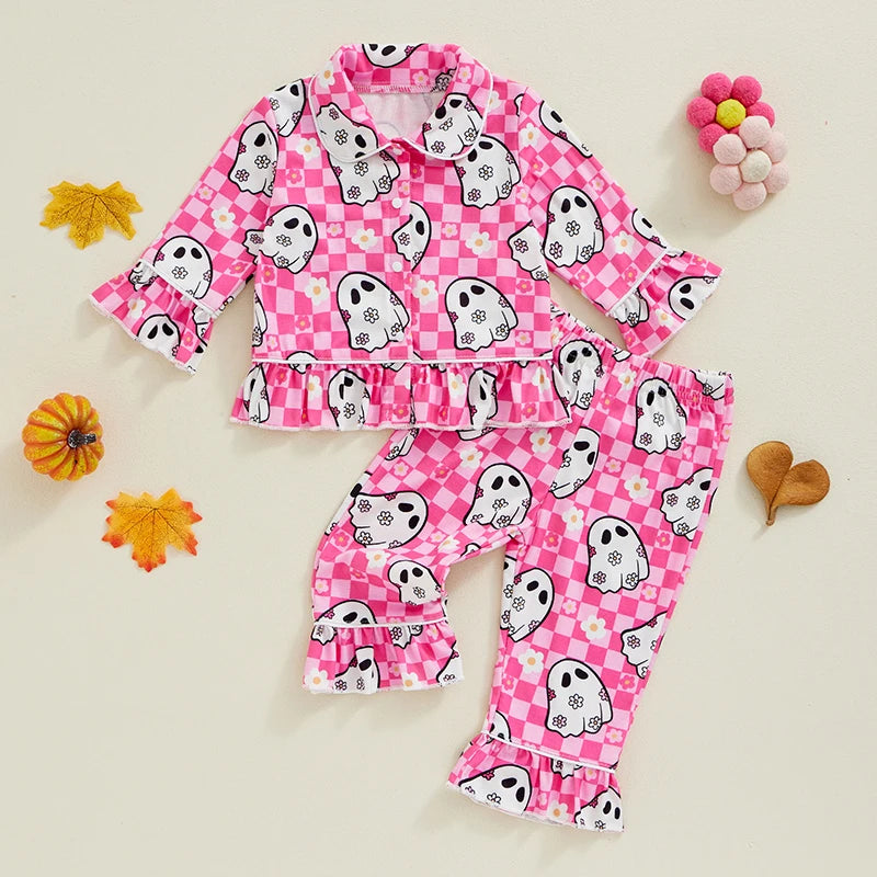 Kids Girls' Autumn Pajama Set – Flower Print Ruffle Sleeve Button