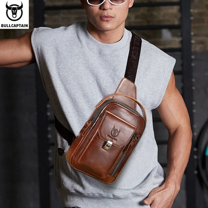 BULLCAPTAIN Men's Genuine Leather Chest Bag - Retro Anti-Theft Crossbody