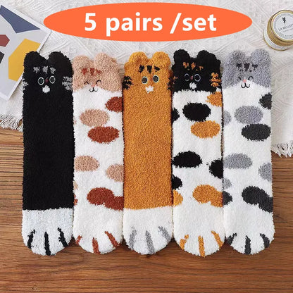 5 Pairs Coral Fleece Socks – Cozy Cartoon Patterned