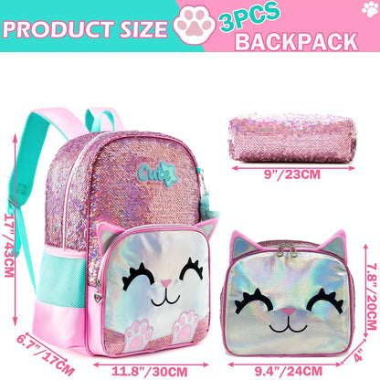 3 pcs Cute Pink Cat Backpack Set for Girls – Sequined