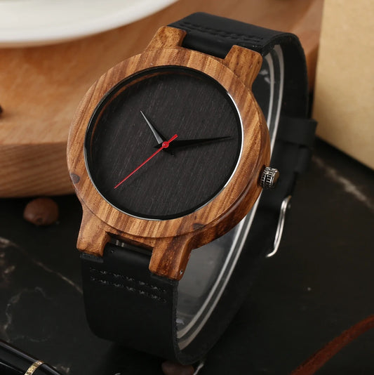 Men’s Vintage Bamboo Wood Watch – Leather Strap, Black/Coffee/Green Dial