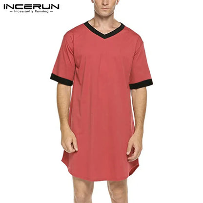 Men's Patchwork Sleep Robe - V-Neck Short Sleeve Nightgown