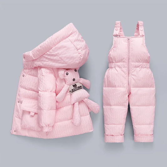 Korean Winter Baby Girl 2PCS Clothes Set – Cartoon Bear Hooded Snowsuit