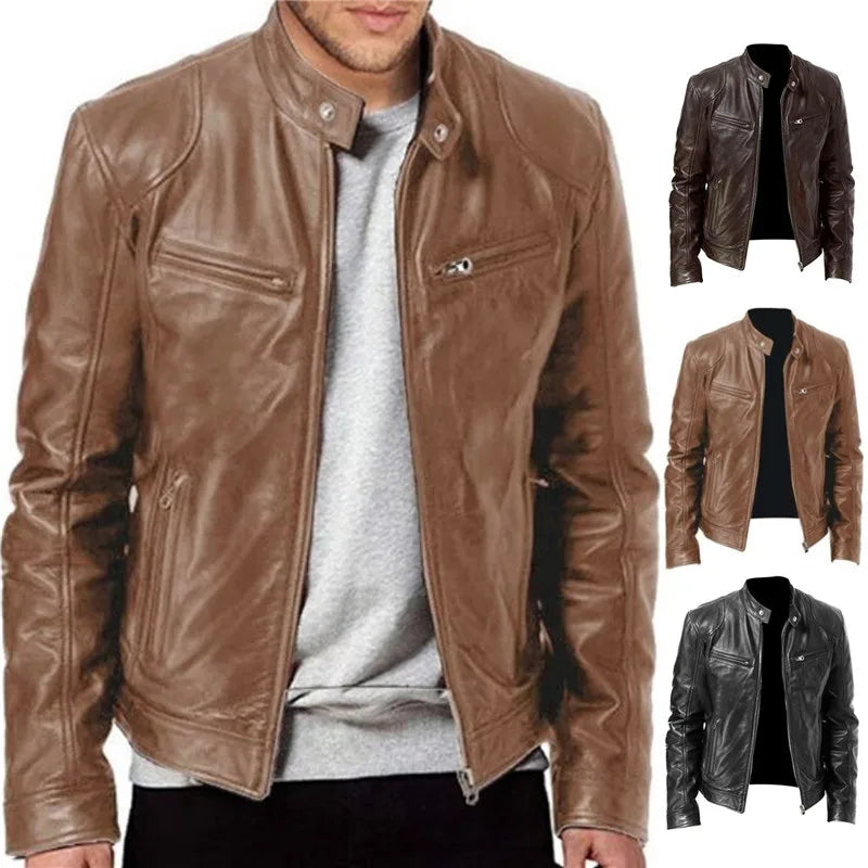 Men's Vintage Faux Leather Biker Jacket with Fleece