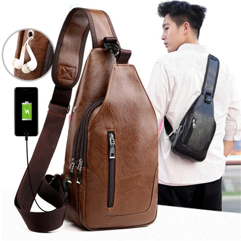 Male USB Charging Shoulder Crossbody Chest Bag