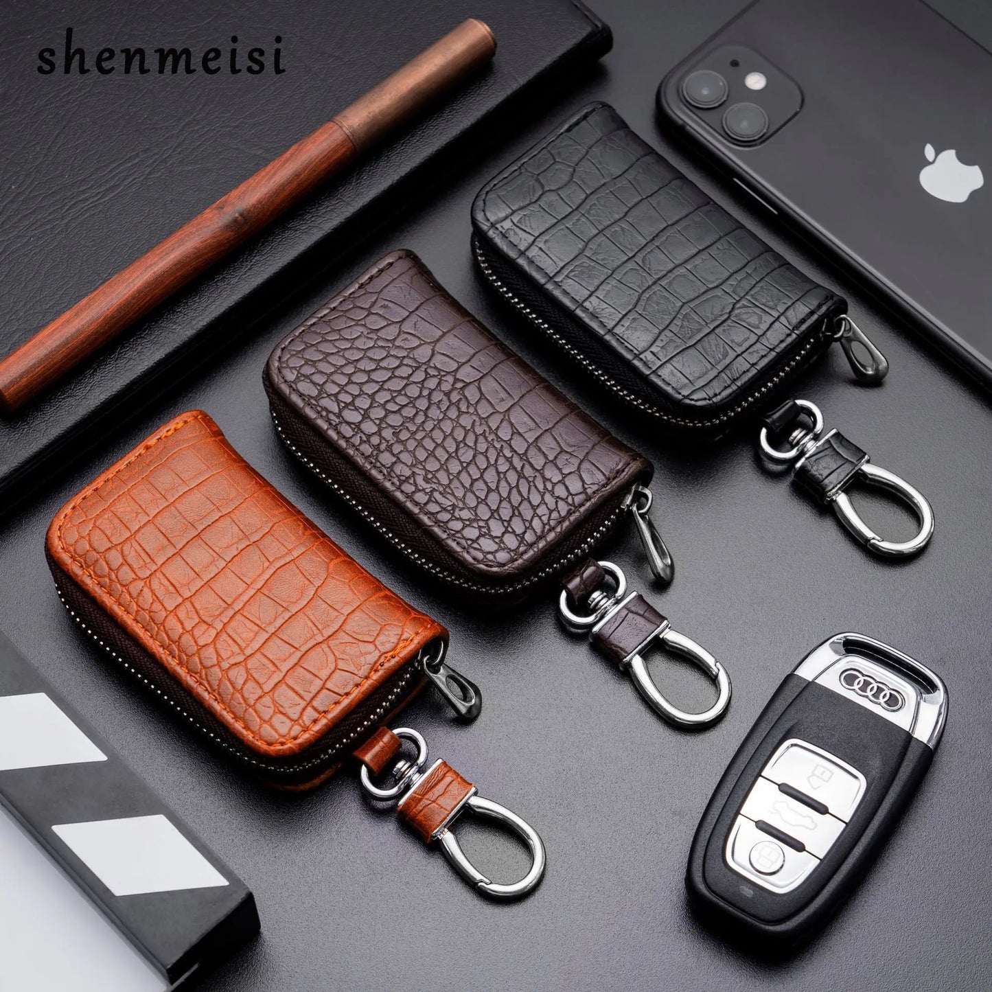 Fashion Leather Car Key Bag – Crocodile Pattern Zipper Keychain, Men’s Key Holder & Cow Split Key Organizer Pouch Wallet