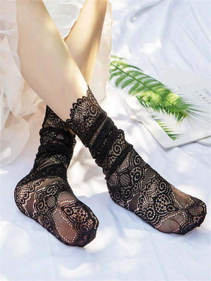 Hollow Out Lace Mesh Socks with Retro Floral Design