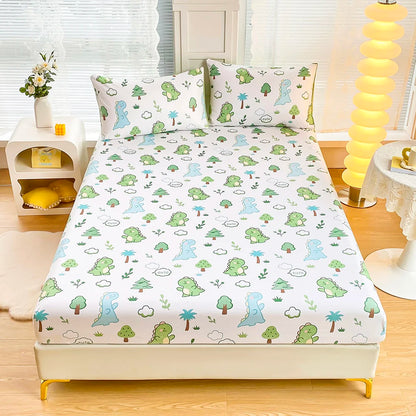 Cartoon Dinosaur Pattern Bedspread | Frosted Fitted Sheet for Bedroom